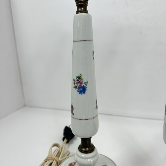 Porcelain Floral Lamps Table Cottagecore Boudoir 12" White Gold Trim Pair 50s? - Picture 6 of 16